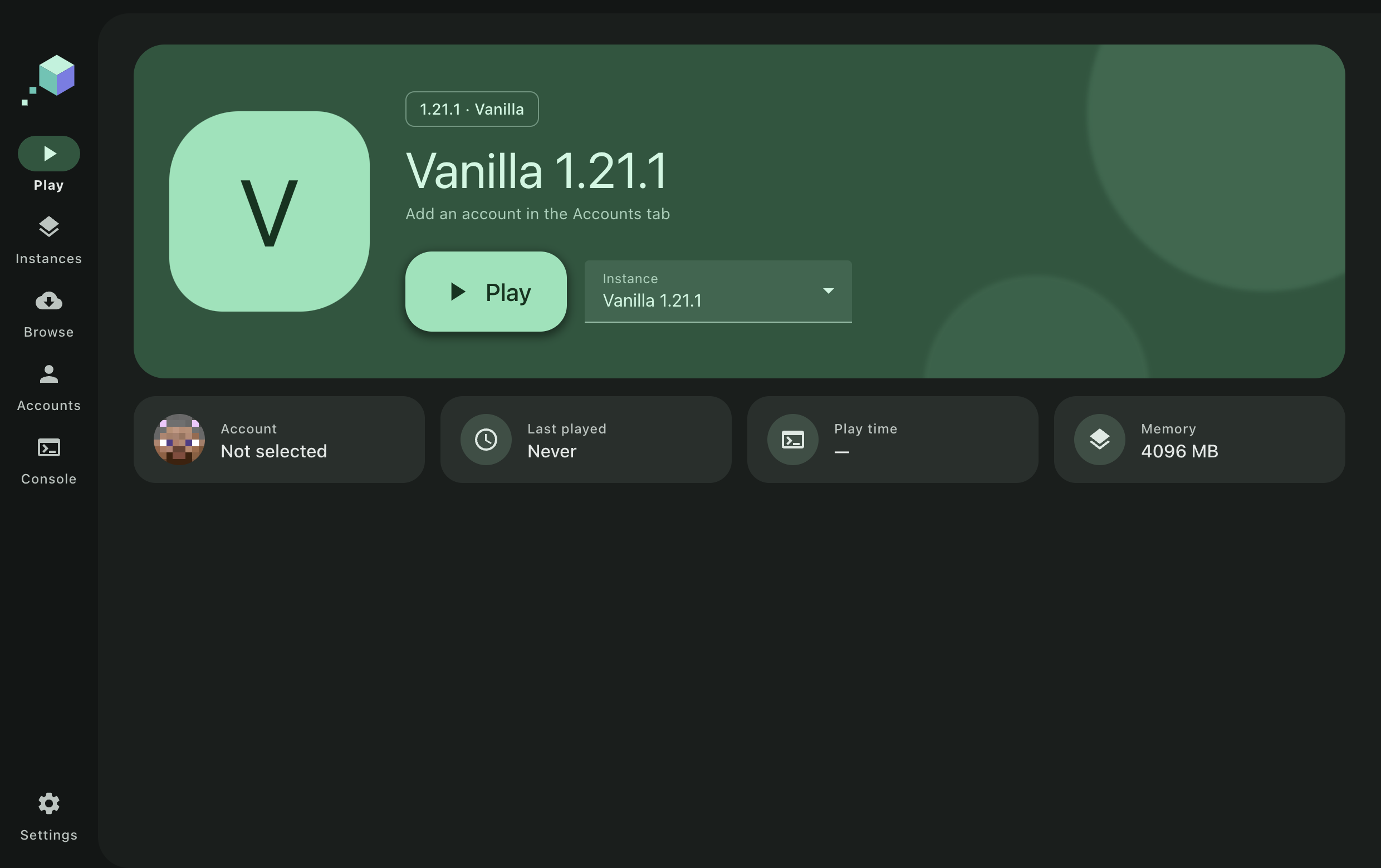 Aluma Launcher dark interface showing a demo Vanilla Minecraft instance, Play button, and navigation for instances, mods, accounts, and settings.